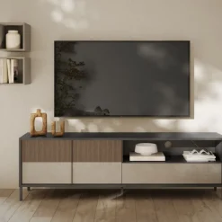 Porta Tv 2 ante e 1 cassetto L 206 con serigrafia linea Sierra finitura Lava, Argilla e Rovere Mercure