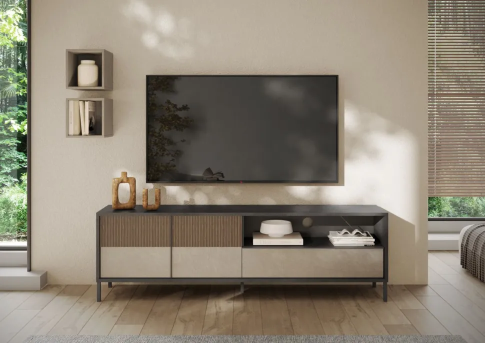Porta Tv 2 ante e 1 cassetto L 206 con serigrafia linea Sierra finitura Lava, Argilla e Rovere Mercure