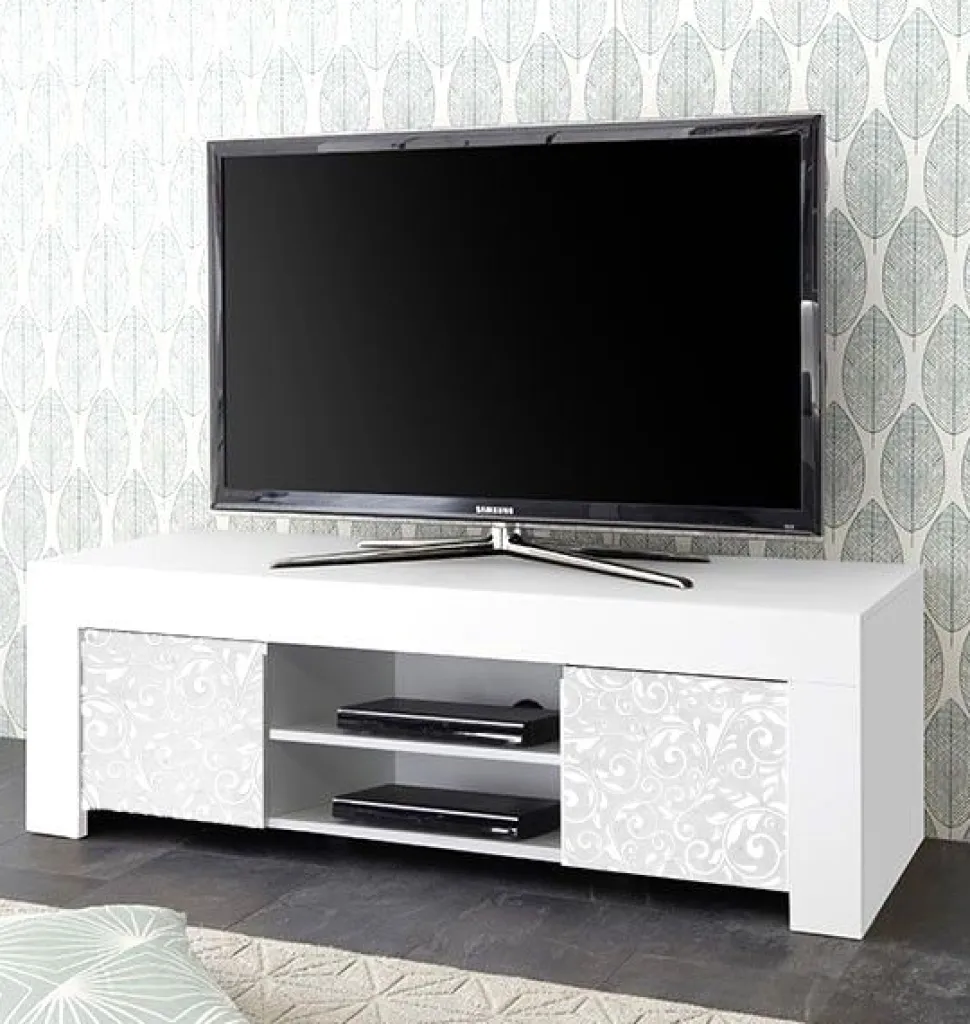 Porta Tv 2 ante linea Clear in Bianco Opaco con grafica flower