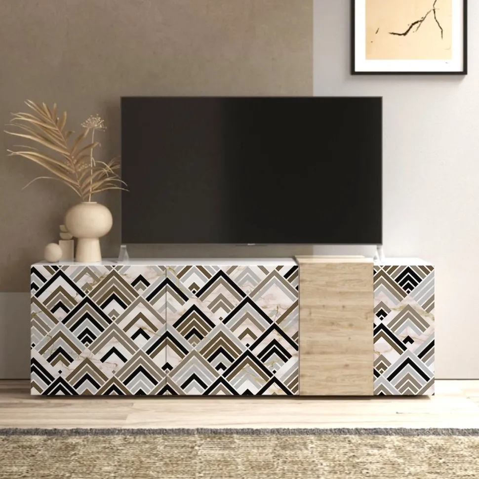 Porta tv 3 ante linea Olimpo finitura Bianco Lucido e Rovere Kadiz con grafica personalizzabile