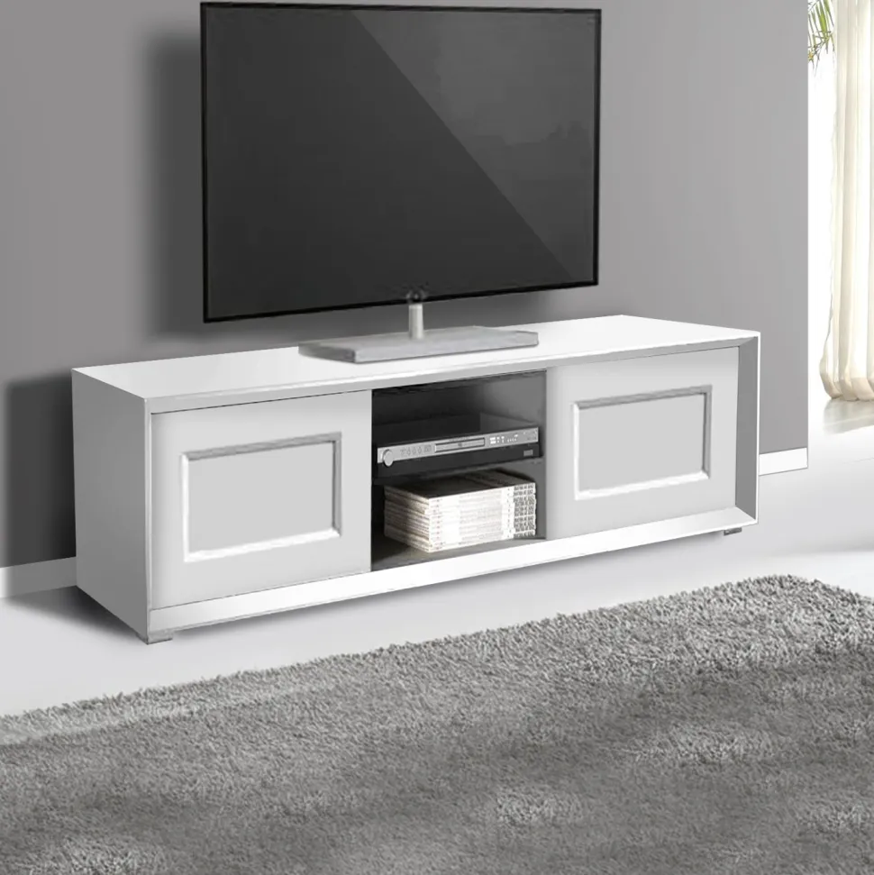 Porta Tv basso Bianco Opaco con 2 ante e 2 vani a giorno senza maniglia linea Tilt CLASSIC