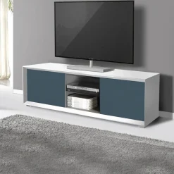 Porta Tv Bianco Opaco e Blu scuro 2 ante e 2 vani a giorno senza maniglia linea Tilt