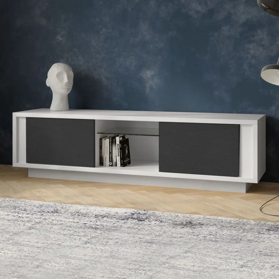 Porta tv bianco opaco laccato e ante stone grey SKYLINE 2 ante