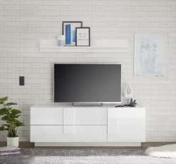 Porta Tv moderno Bianco Lucido 1 anta e 2 cassetti linea Sax
