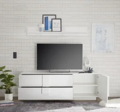 Porta Tv moderno Bianco Lucido 1 anta e 2 cassetti linea Sax
