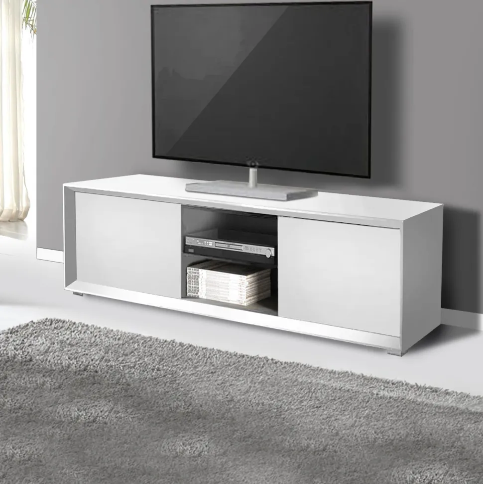 Porta Tv moderno Bianco opaco 2 ante e 2 vani a giorno senza maniglia linea Tilt