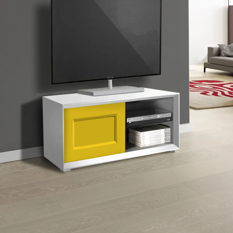 Porta Tv moderno Bianco opaco e Giallo miele 1 anta e 2 vani a giorno linea Tilt CLASSIC