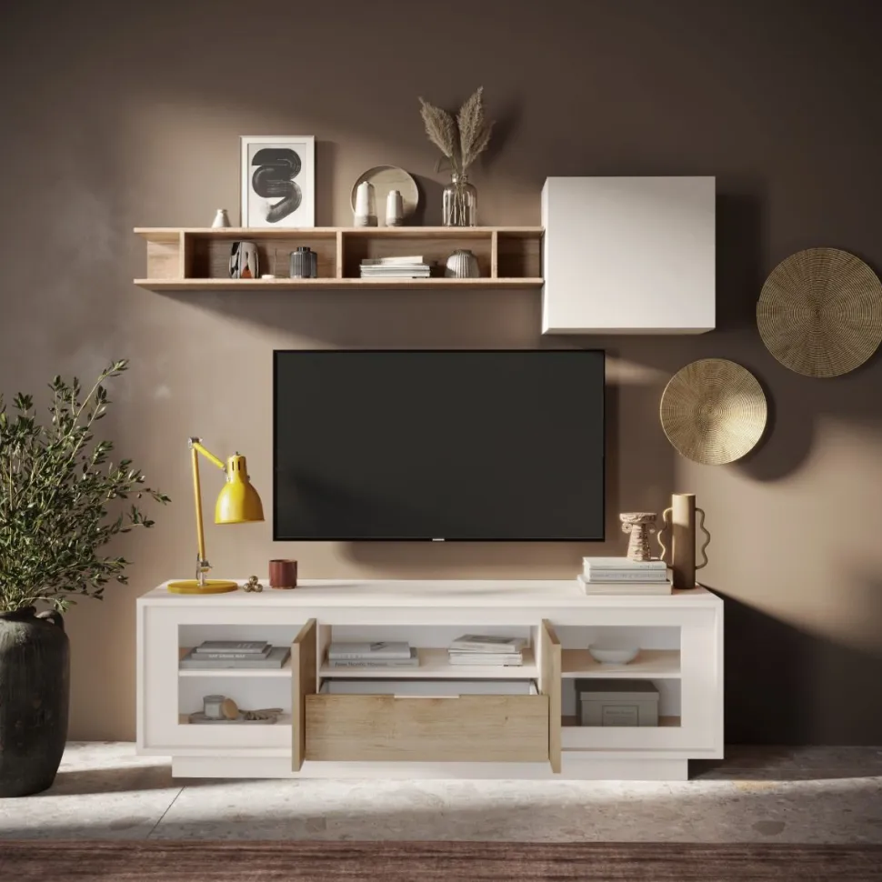 Porta Tv moderno Cashmere e Rovere Cadiz 2 ante battenti e 1 cassetto linea Eos