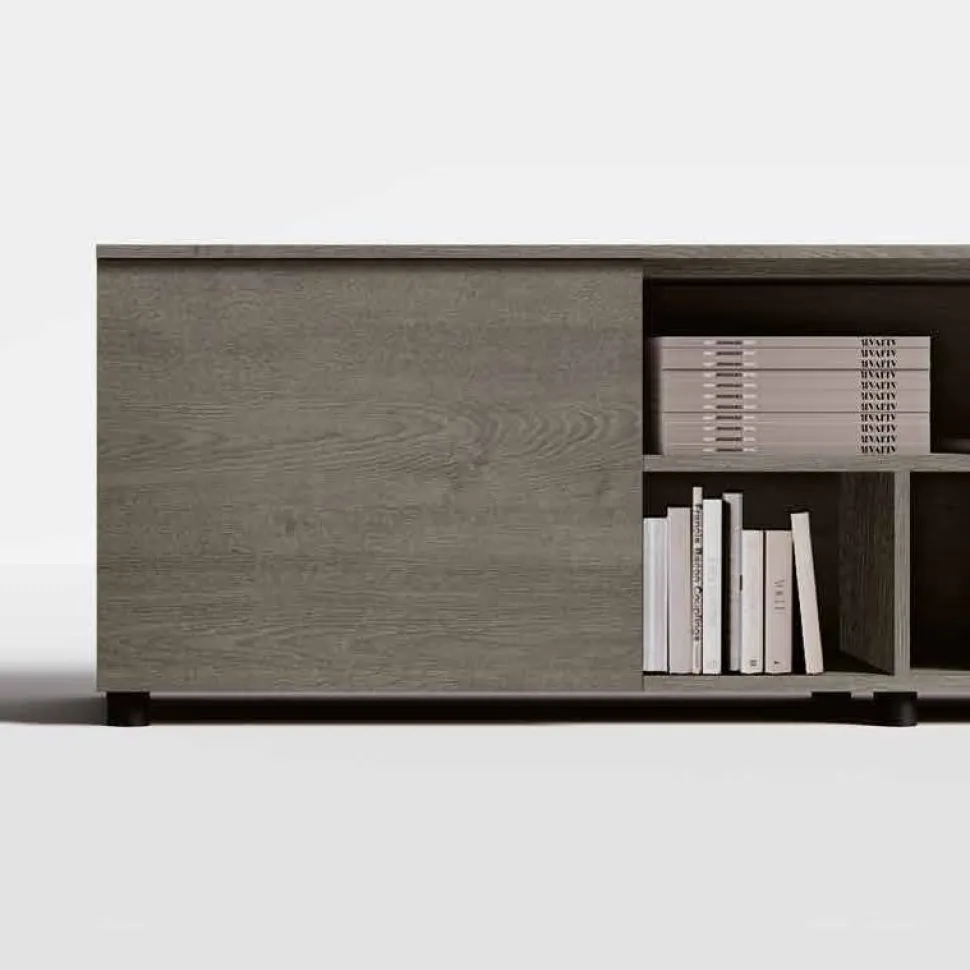 Porta Tv moderno Rovere Cannettato 2 cassetti e vani a giorno con anta a sbalzo disponibile in vari colori