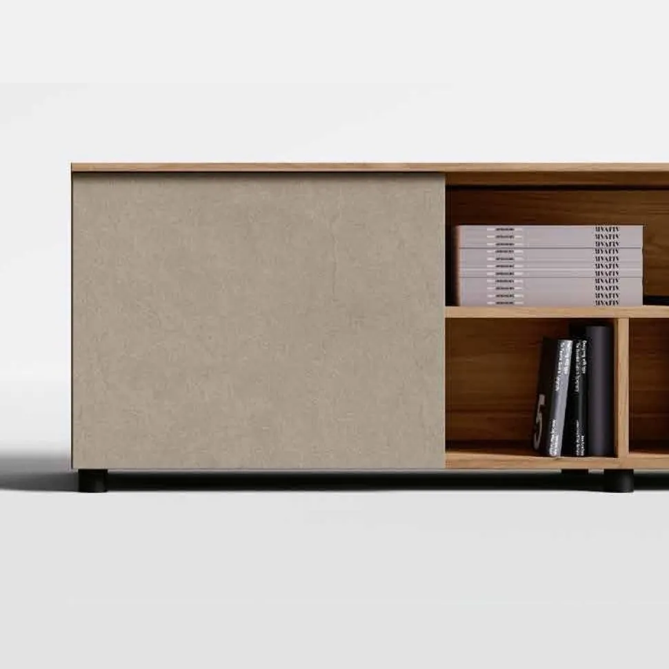Porta Tv moderno Rovere Cannettato 2 cassetti e vani a giorno con anta a sbalzo disponibile in vari colori