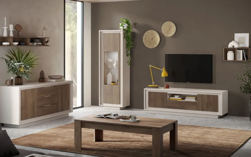 Porta Tv moderno Rovere scuro e Cashmere 2 ante battenti e 1 cassetto linea Eos