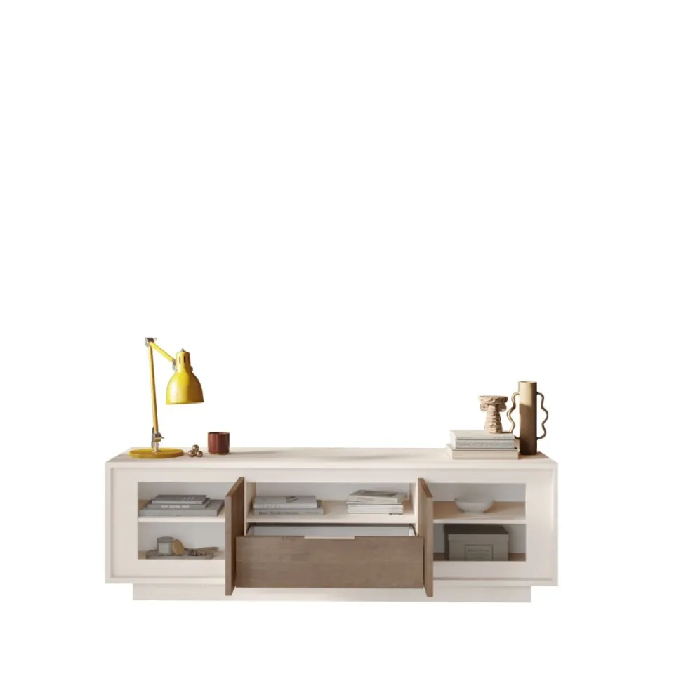 Porta Tv moderno Rovere scuro e Cashmere 2 ante battenti e 1 cassetto linea Eos