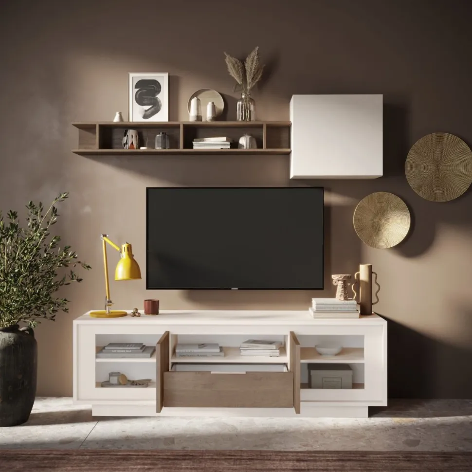 Porta Tv moderno Rovere scuro e Cashmere 2 ante battenti e 1 cassetto linea Eos
