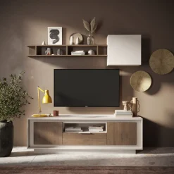 Porta Tv moderno Rovere scuro e Cashmere 2 ante battenti e 1 cassetto linea Eos