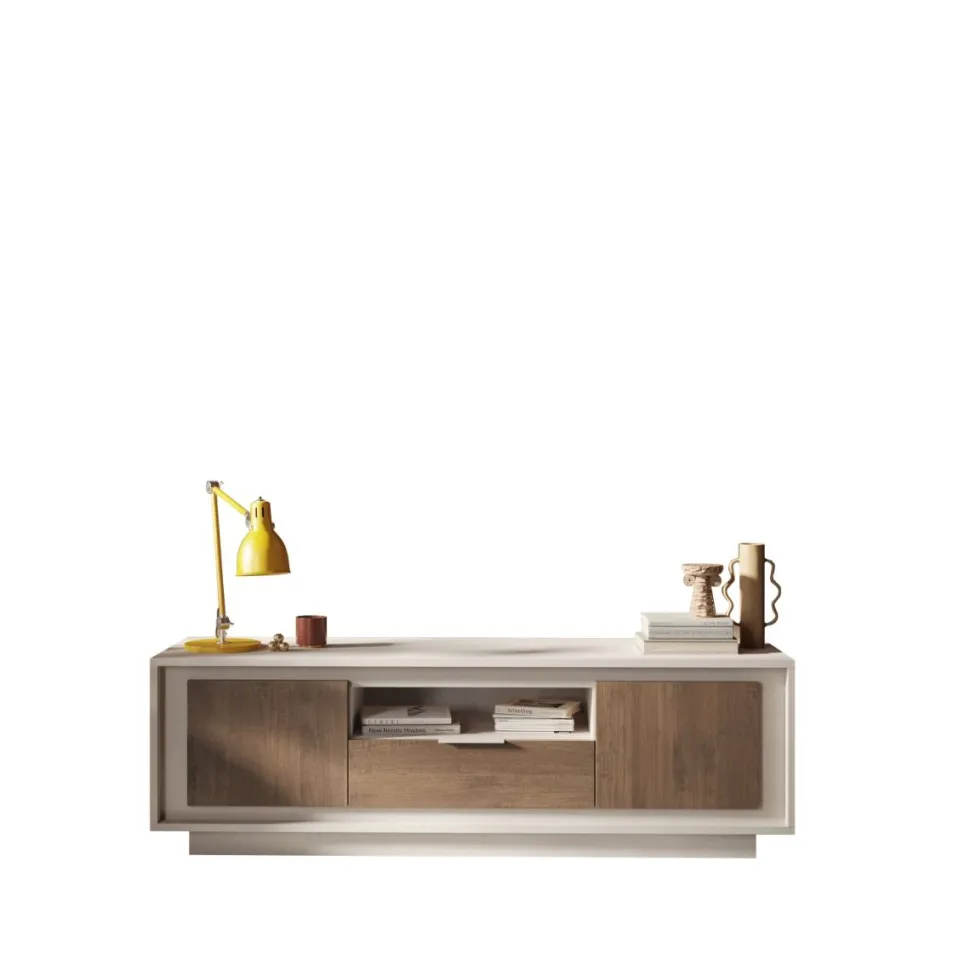 Porta Tv moderno Rovere scuro e Cashmere 2 ante battenti e 1 cassetto linea Eos