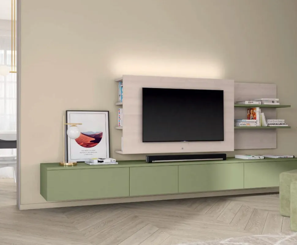 Porta tv sospeso Bianco Opaco con anta cassettone o ribalta 15 colorazioni