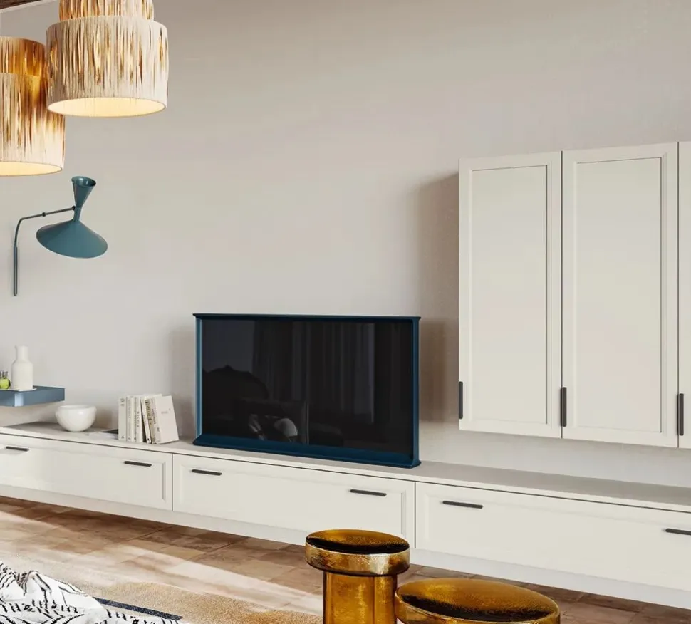 Porta tv sospeso componibile con ante a telaio in 6 colorazioni e 11 larghezze Linea Motivi