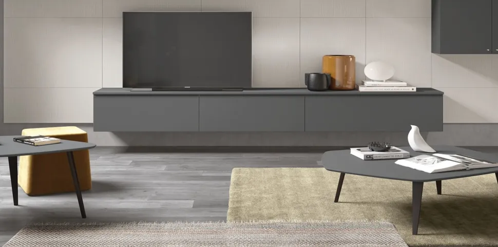 Porta tv sospeso con maniglia a gola in 20 colorazioni e 11 larghezze