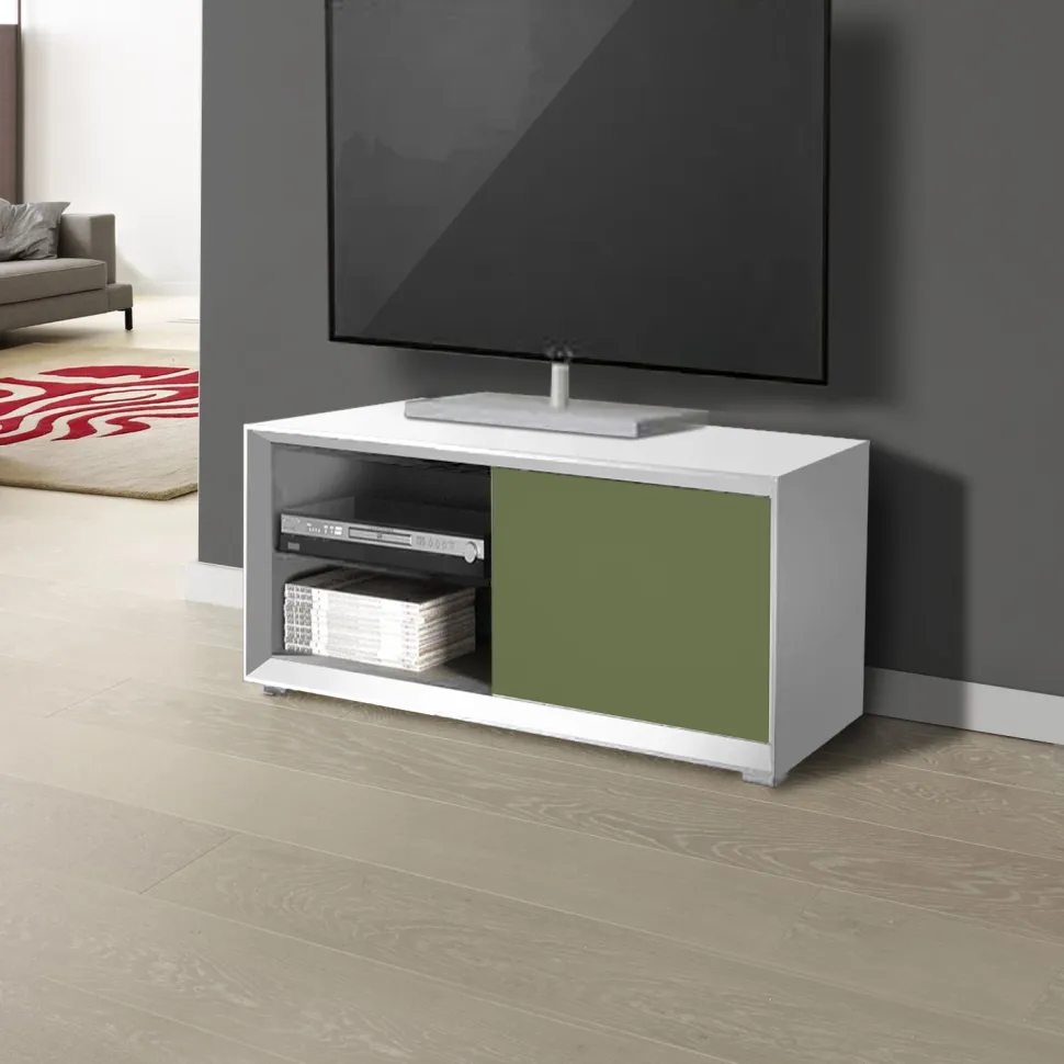 Porta Tv Verde e Bianco Opaco 1 anta e 2 vani a giorno senza maniglia linea Tilt