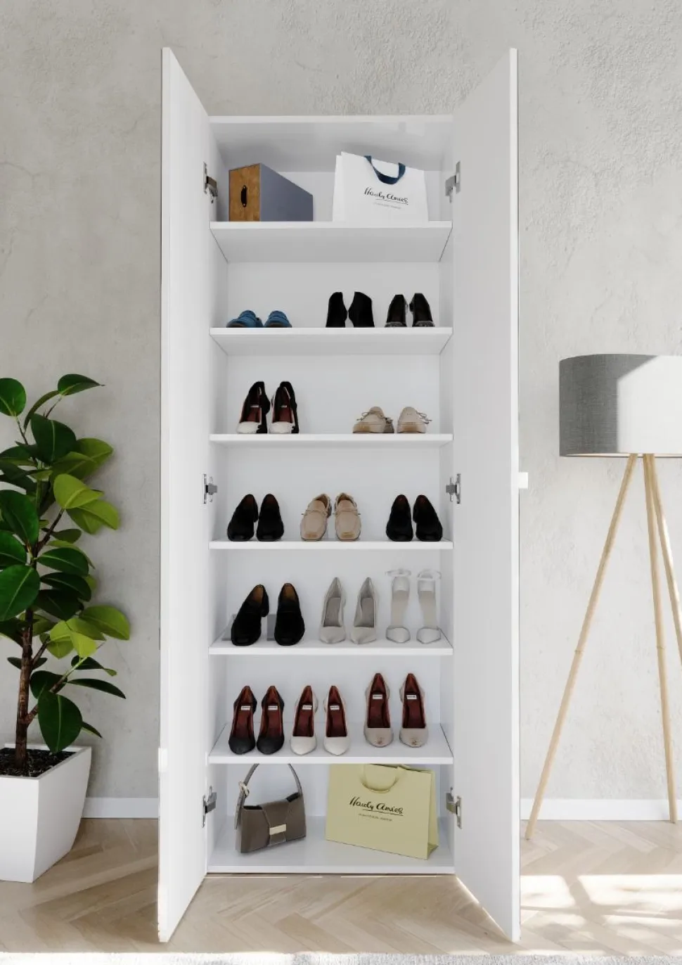 Scarpiera alta 2 ante a Specchio con 6 Ripiani H 186 cm finitura Bianco Lucido linea Multiuso