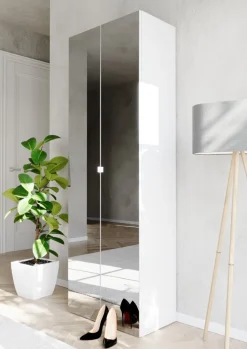 Scarpiera alta 2 ante a Specchio con 6 Ripiani H 186 cm finitura Bianco Lucido linea Multiuso