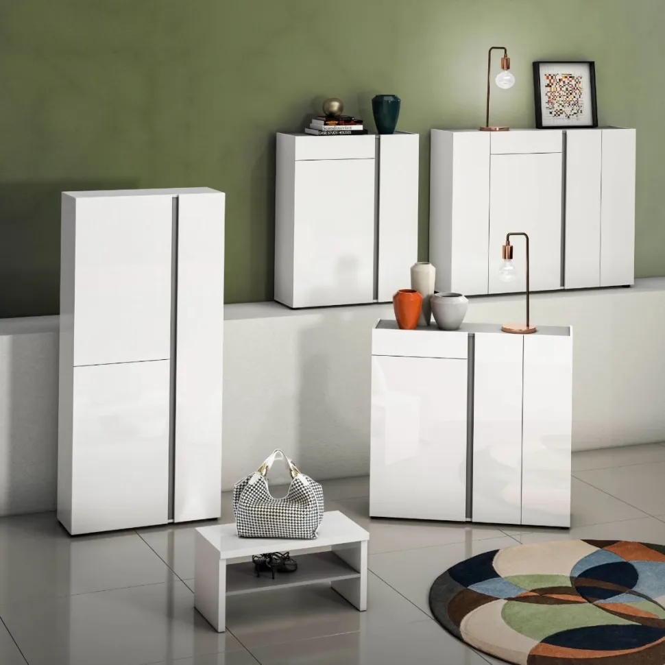 Scarpiera 3 ante battenti e 1 cassetto Gea in Bianco Lucido e Antracite