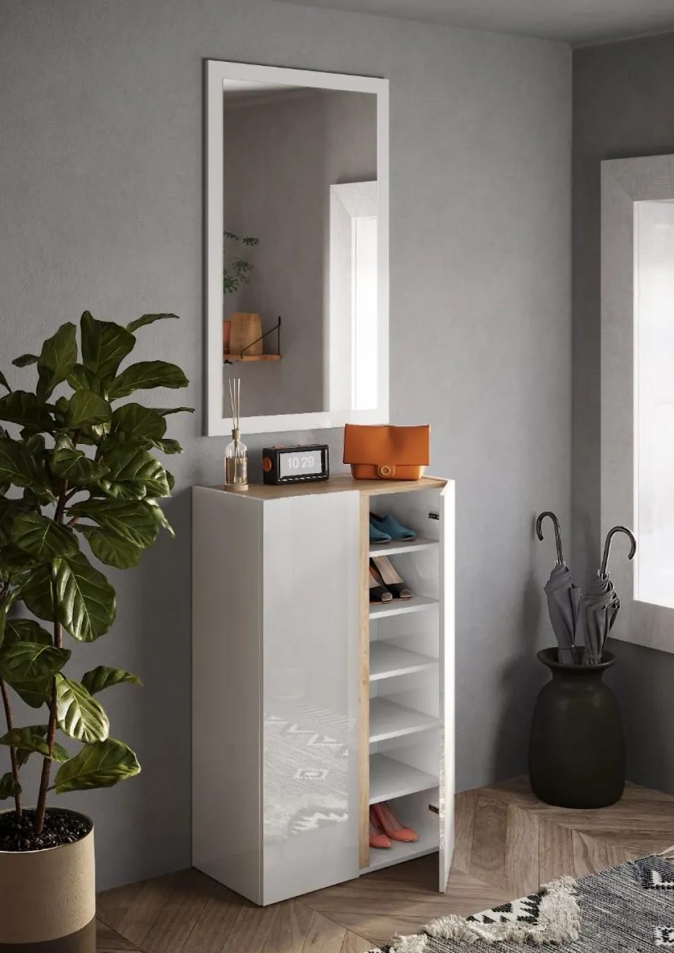 Scarpiera 2 ante battenti linea Combo in Bianco Lucido e Rovere Cadiz
