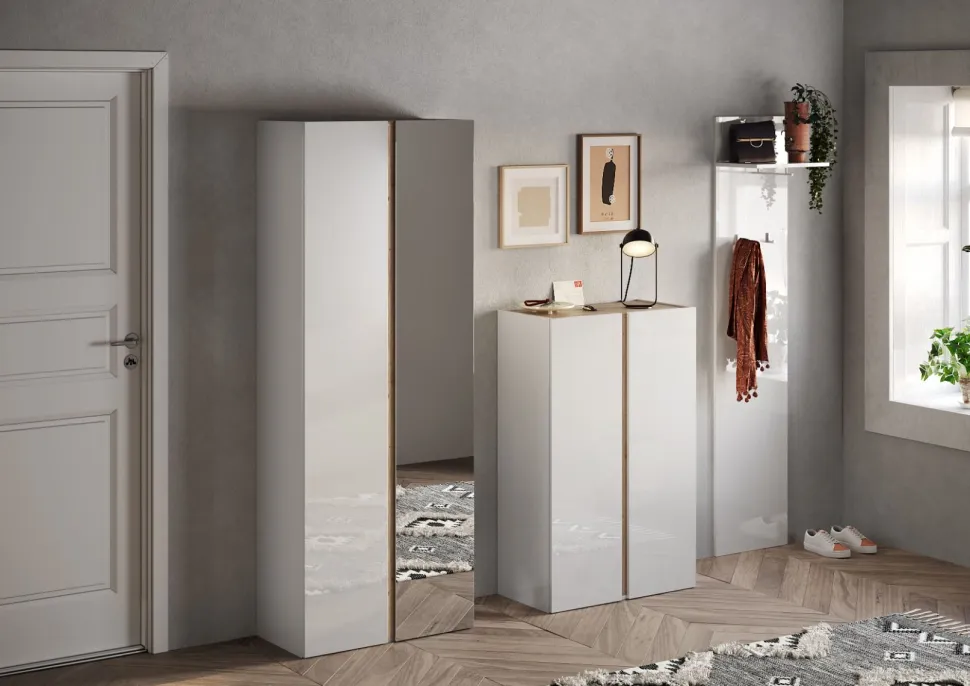 Scarpiera 2 Ante con Specchio Linea Combo – Bianco Lucido e Rovere Cadiz