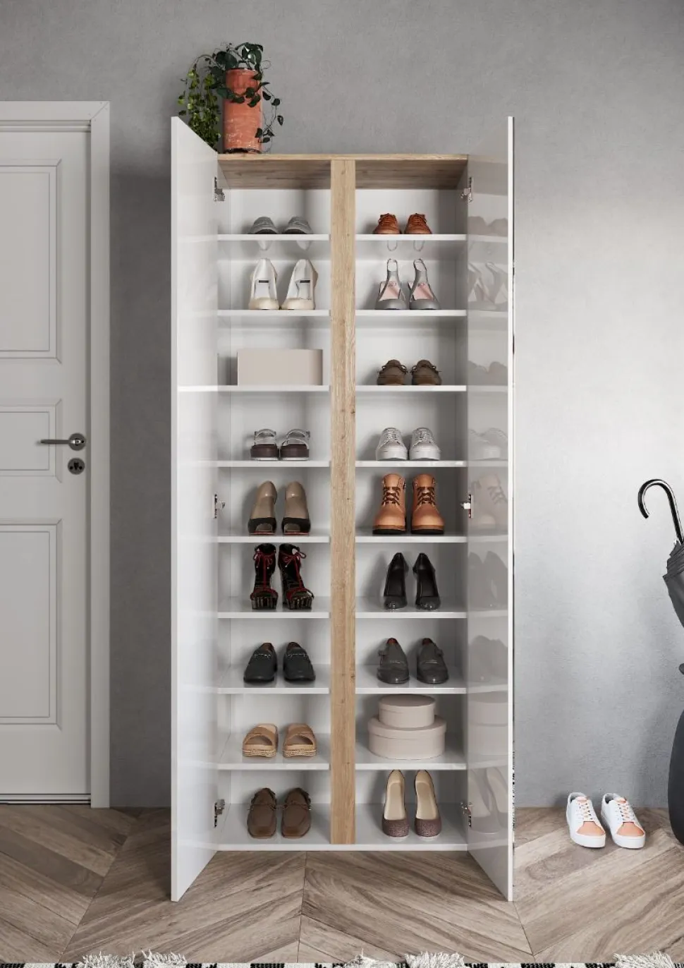 Scarpiera 2 Ante con Specchio Linea Combo – Bianco Lucido e Rovere Cadiz