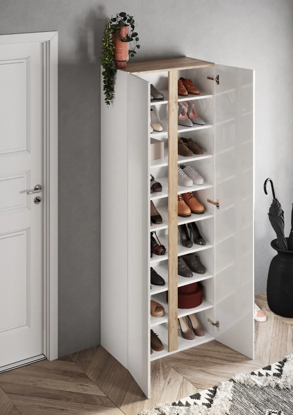 Scarpiera 2 Ante con Specchio Linea Combo – Bianco Lucido e Rovere Cadiz