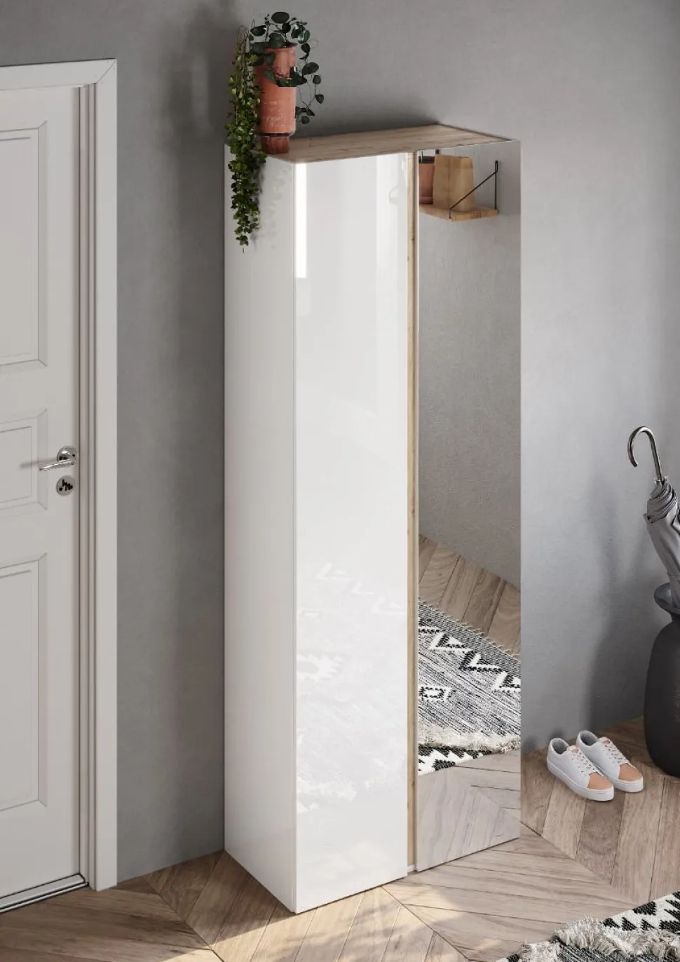 Scarpiera 2 Ante con Specchio Linea Combo – Bianco Lucido e Rovere Cadiz