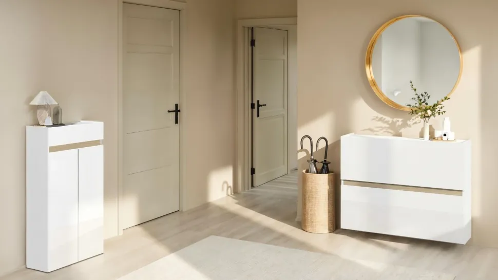 Scarpiera 2 ante e 1 cassetto Svuotatasche Linea Oasi in Bianco Lucido e Rovere