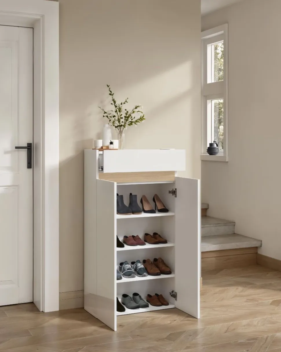Scarpiera 2 ante e 1 cassetto Svuotatasche Linea Oasi in Bianco Lucido e Rovere