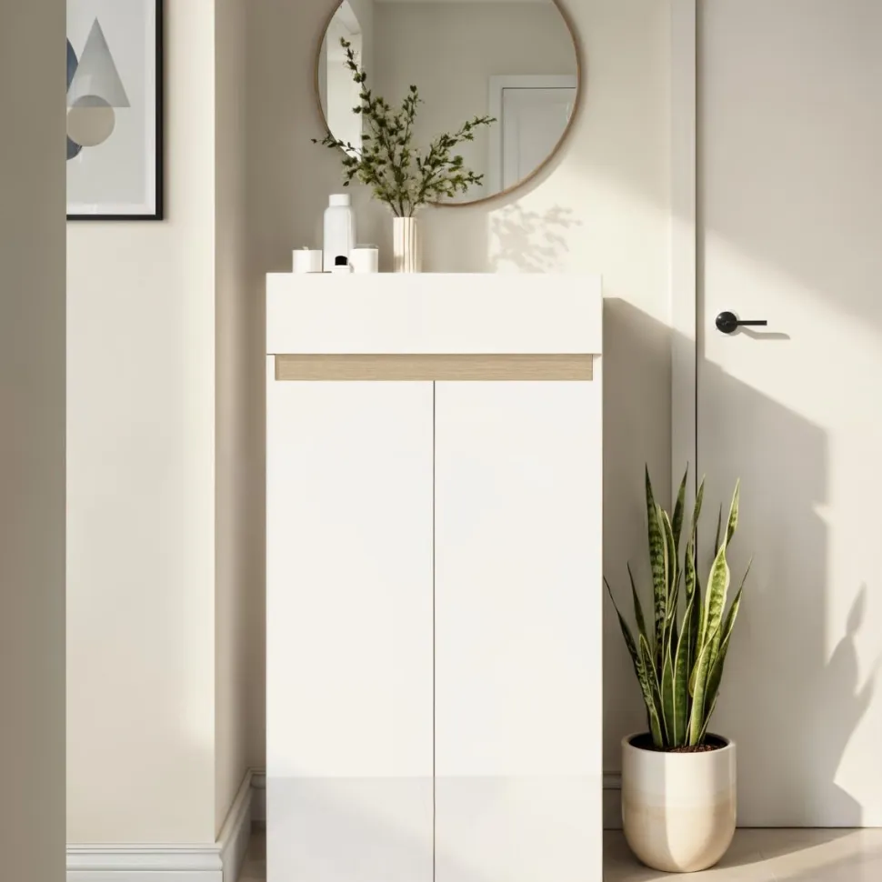 Scarpiera 2 ante e 1 cassetto Svuotatasche Linea Oasi in Bianco Lucido e Rovere