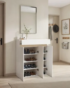 Scarpiera 3 ante e 1 cassetto Svuotatasche Linea Oasi in Bianco Lucido e Rovere