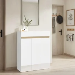 Scarpiera 3 ante e 1 cassetto Svuotatasche Linea Oasi in Bianco Lucido e Rovere