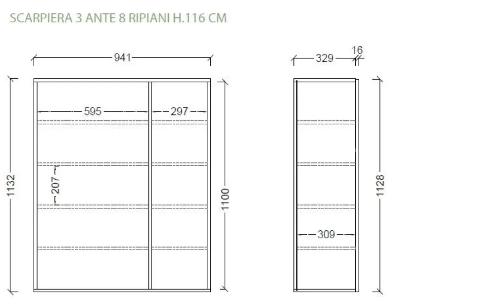 Scarpiera bassa 3 ante battenti con 8 ripiani finitura Bianco Lucido