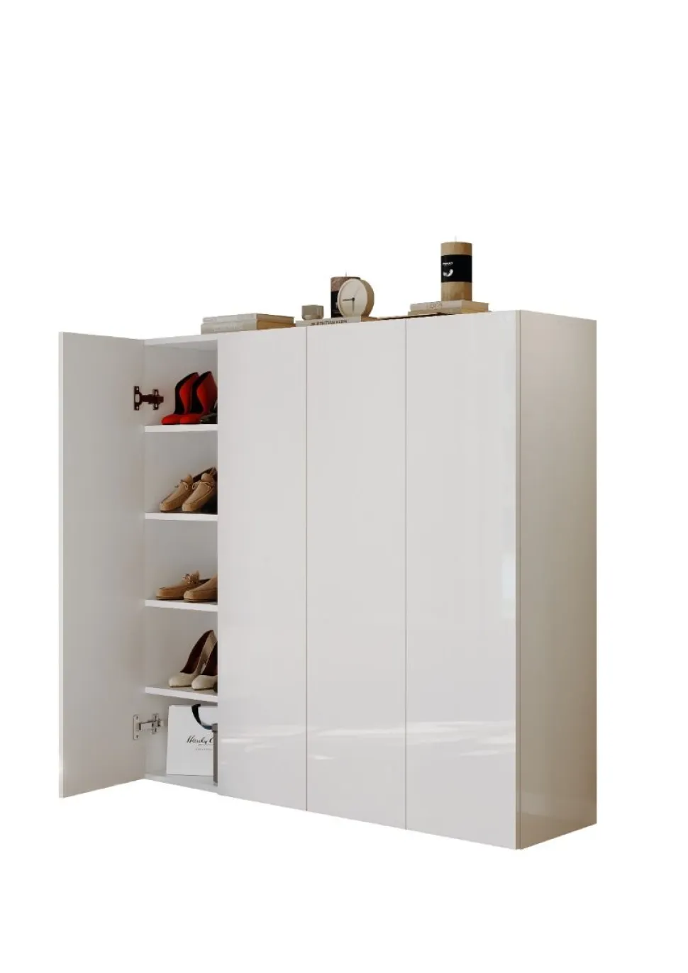 Scarpiera bassa salvaspazio 4 ante battenti con 8 ripiani finitura Bianco Lucido linea Multiuso