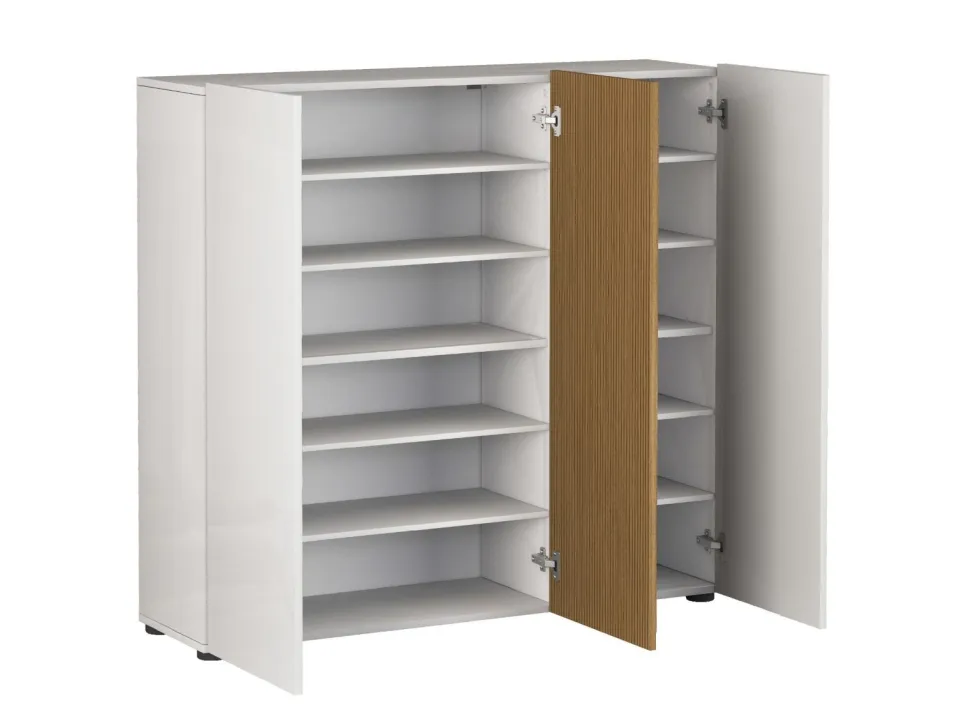 Scarpiera Bassa salvaspazio Lady 3 ante in Bianco Lucido e Legno Cannettato