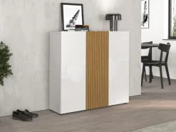Scarpiera Bassa salvaspazio Lady 3 ante in Bianco Lucido e Legno Cannettato