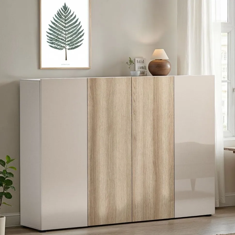 Scarpiera Bassa salvaspazio Lady 4 ante in Cashmere Lucido e Rovere chiaro