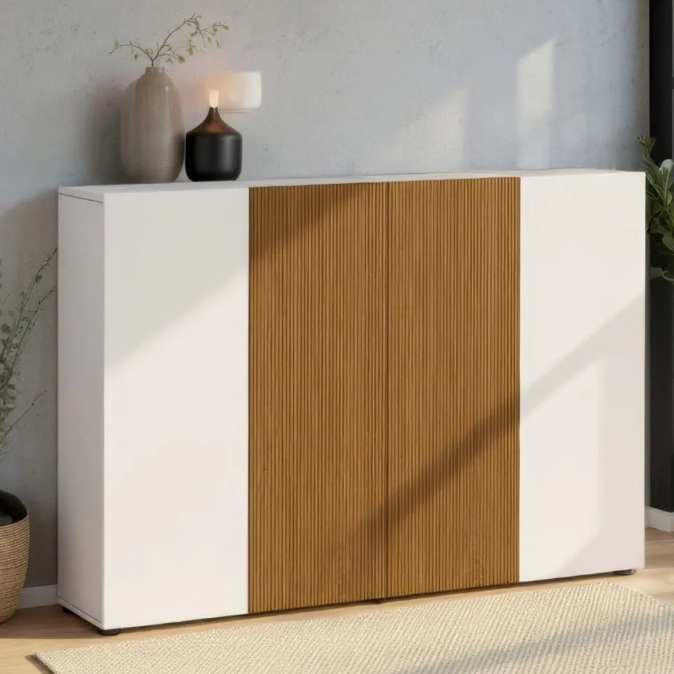 Scarpiera Bassa salvaspazio Lady 4 ante in Bianco Lucido e Legno Cannettato