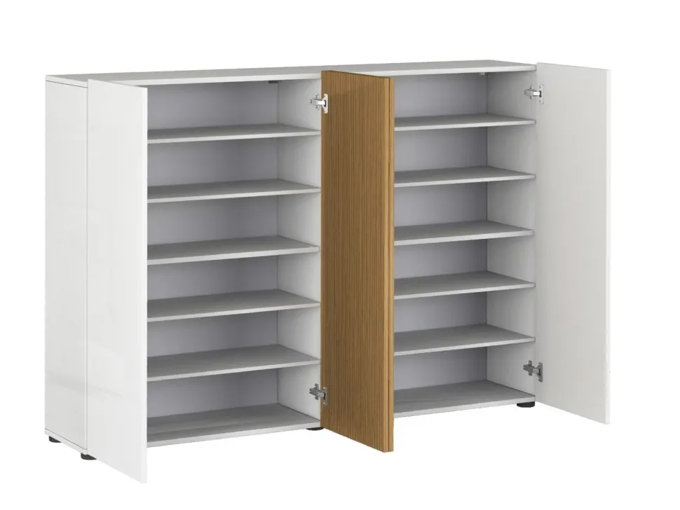 Scarpiera Bassa salvaspazio Lady 4 ante in Bianco Lucido e Legno Cannettato