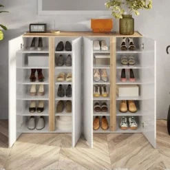 Scarpiera Moderna a 4 Ante Battenti Combo (Bianco Lucido e Rovere Cadiz)