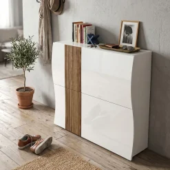 Scarpiera Moderna a 2 Ante in Bianco Lucido con Serigrafia Effetto Legno (Personalizzabile)