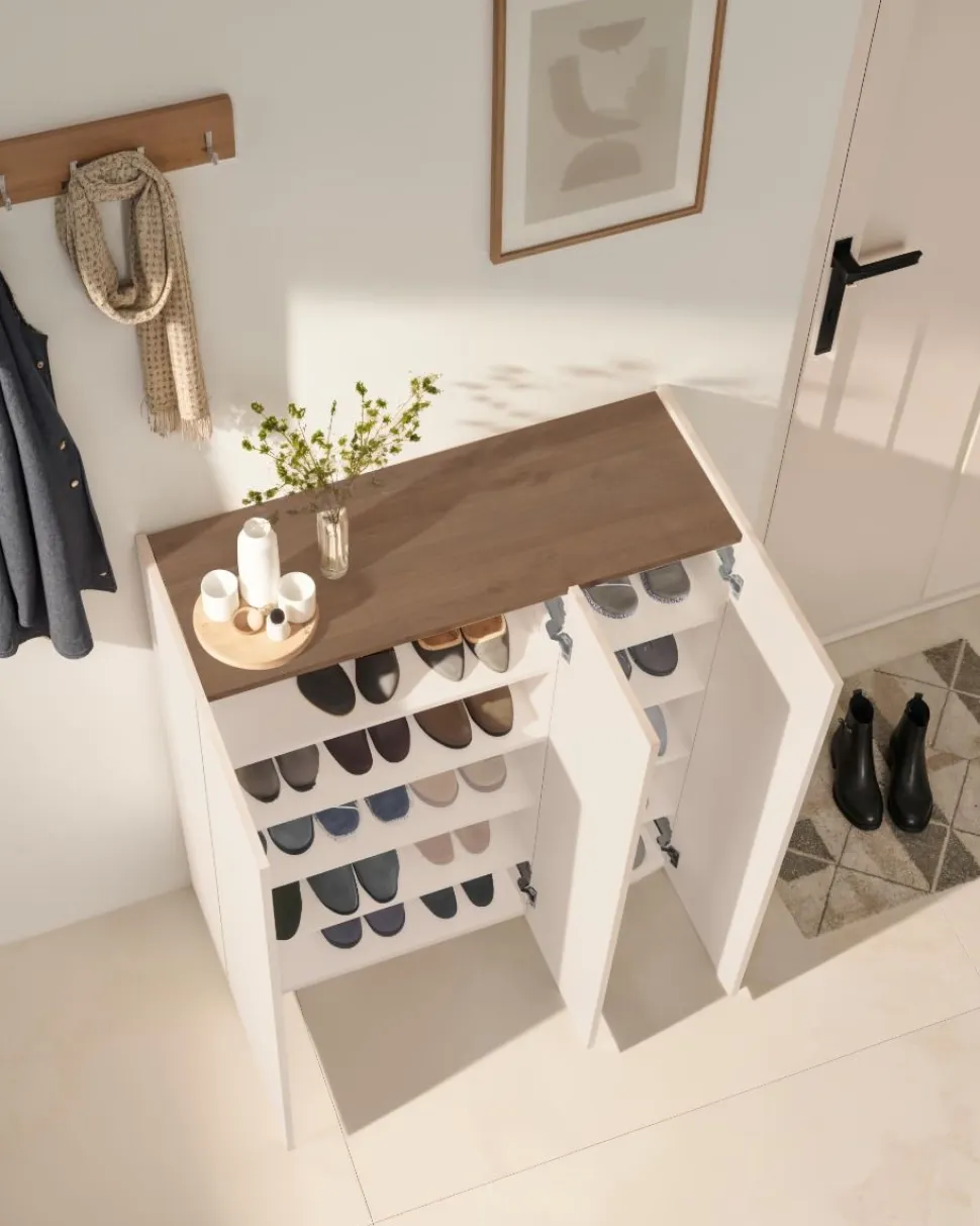 Scarpiera salvaspazio 3 ante H 116 cm Linea Oasi in Cashmere Opaco e Rovere Mercure