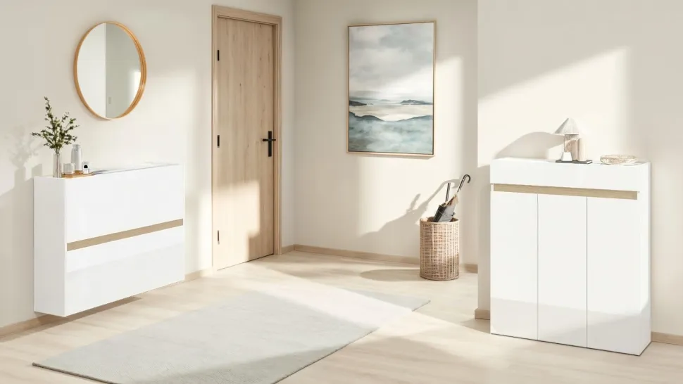 Scarpiera Sospesa 2 ante a ribalta Linea Oasi in Bianco Lucido e Rovere