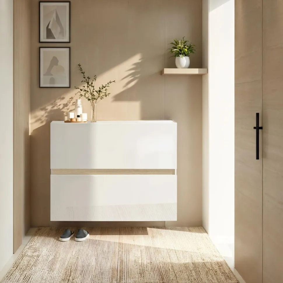 Scarpiera Sospesa 2 ante a ribalta Linea Oasi in Bianco Lucido e Rovere