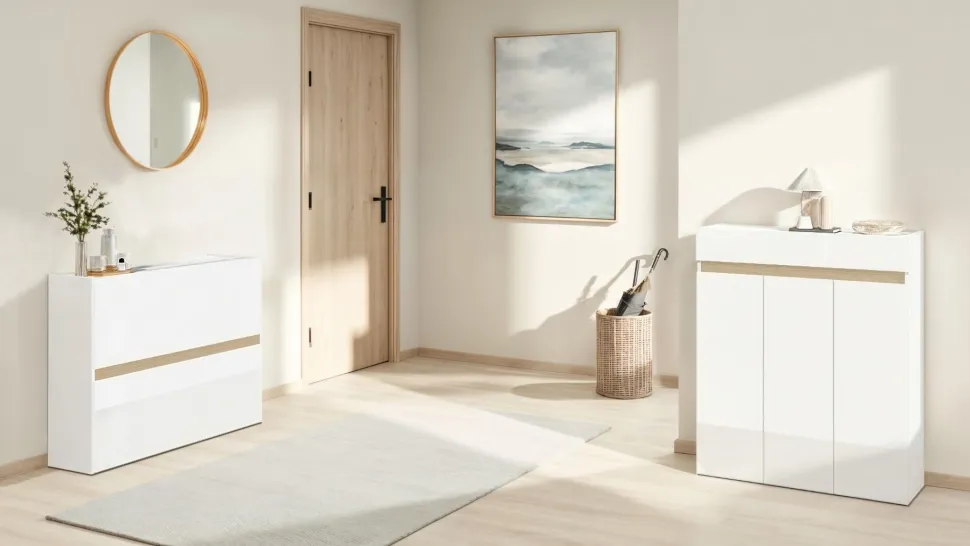 Scarpiera Sospesa 2 ante a ribalta Linea Oasi in Bianco Lucido e Rovere