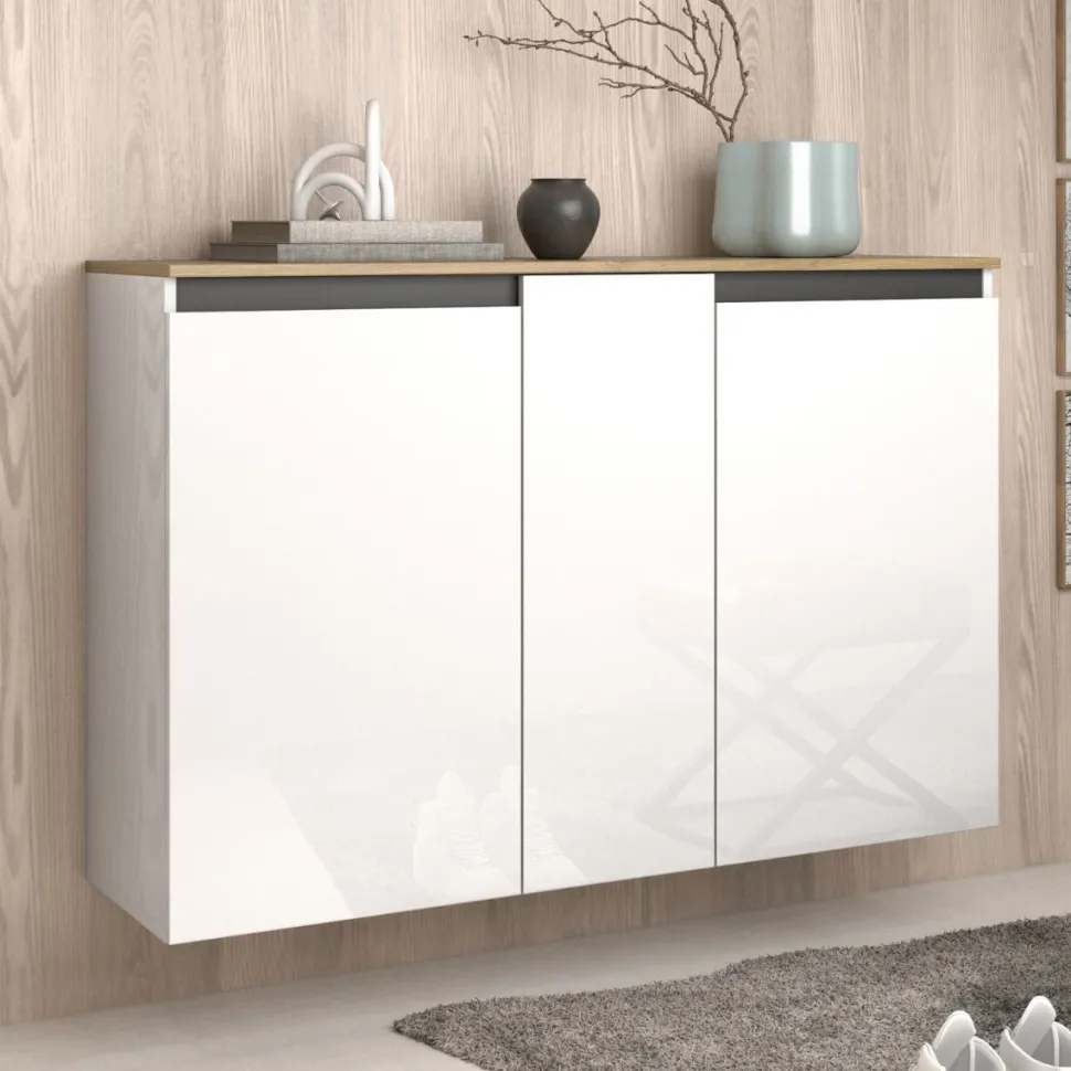 Scarpiera sospesa moderna 3 ante Bianco Lucido e Top Rovere Naturale